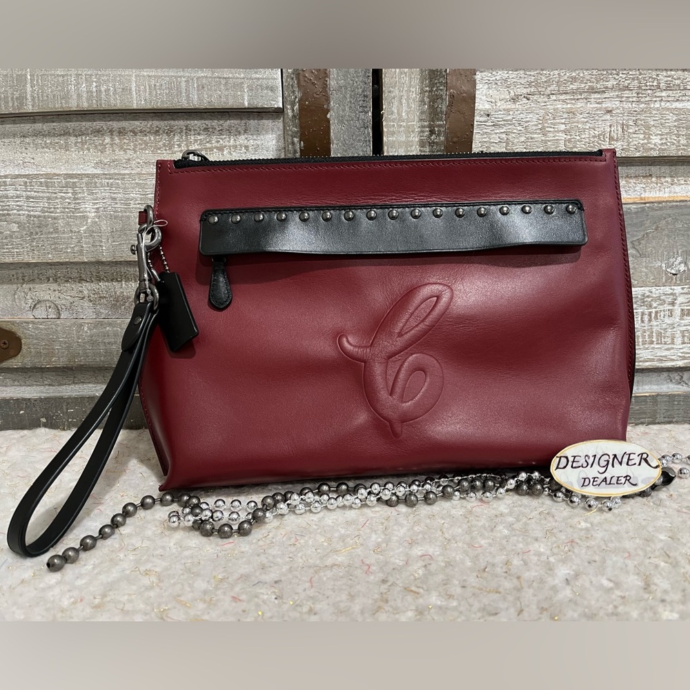 COACH Signature C Large Leather Studded Pouch Burgundy Black 78836 EUC!